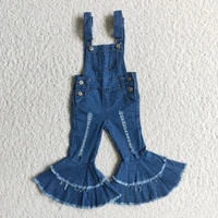 wholesale baby girls fall winter denim blue overalls bell bottom kid children toddler flared button double lace pants jeans