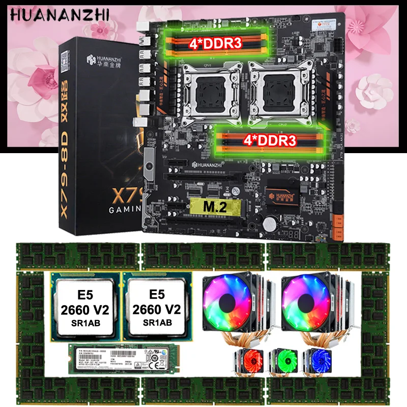 Verkauf HUANANZHI X79-8D Motherboard Mit 512G NVMe M.2 SSD Dual CPU Xeon E5 2660 V2 Kühler Big Marke Speicher 128G(8*16G) 1866 REG ECC