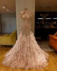 Роскошное длинное платье, вечернее платье 2022 с высоким воротником и длинным рукавом, розовое золото, блестки, перо, африканские женские вечерние платья