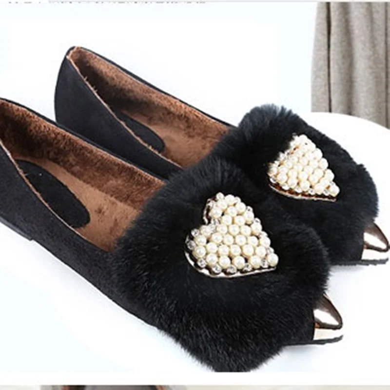 Женская зимняя обувь размера плюс E34-48 Теплые лоферы с острым носком на плоской