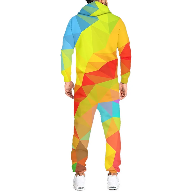 OGKB 3D Color Rhombus Printed Geometric Loungewear Pajamas Unisex Loose Women Hooded Zipper Open Sleepwear Onesies Jumpsuits