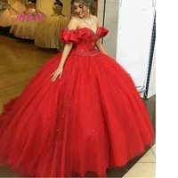 red luxury crystals beaded quinceanera dress sweetheart ball gown prom dress off the shoulder tulle party sweet 16 dress
