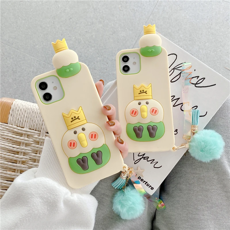 

3D Cute Cartoon Crown Parrot Phone Case for IPhone 12 Mini 11 Pro XS Max XR X 7 8 Plus Anti-drop Soft Silicon Fur Ball Back Cove