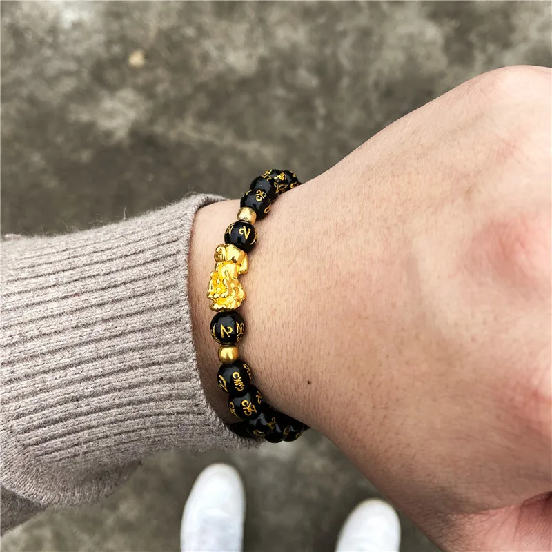 

PIXIU Bracelet Natural Stone Moonstone Obsidian Fengshui Buddhism Alloy Charm Bracelets For Women Men Wealth Unisex Wristband