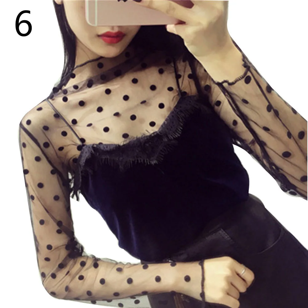 

Модная весенне-осенняя Женская Сексуальная сетчатая блузка с длинным рукавом и высоким воротником, Прозрачная женская Повседневная Блузка...