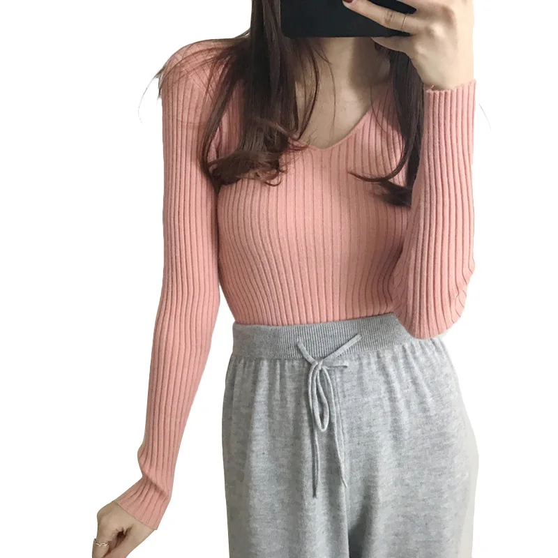 

2021 Autumn Sweater Women's Slim-Fit Stretch V-neck Long-Sleeved Bottoming Sweater Versatile Sunken Stripe Top for Women