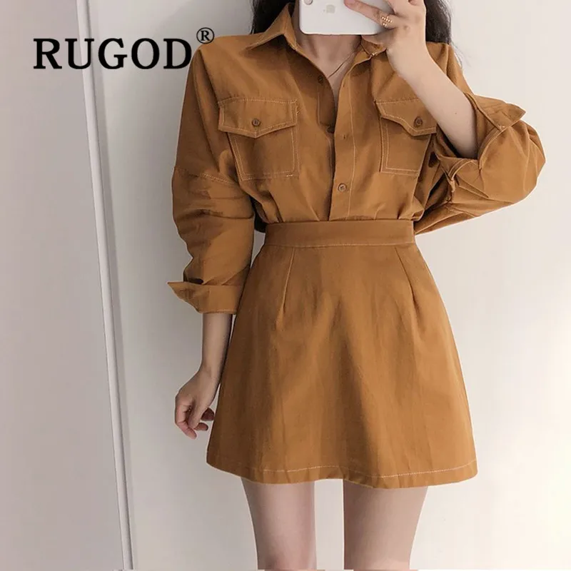 RUGOD/ г. Новая Осенняя Женский комплект 2 шт. рубашка и юбка отложная Свободная блузка с воротником Высокая талия тонкая юбка трапециевидной формы Мода mujer
