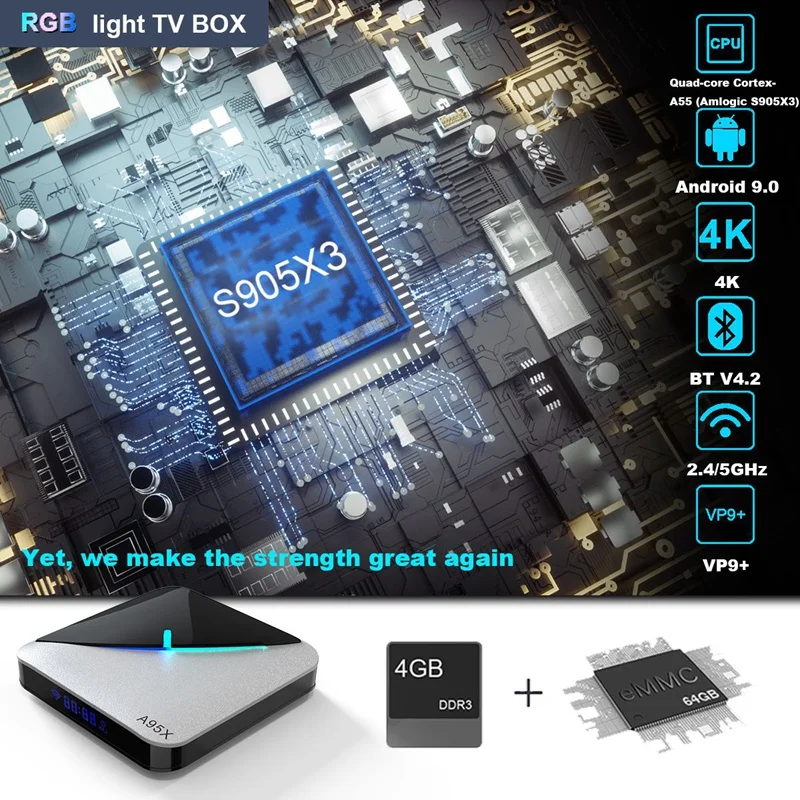 Цветная (RGB) светильник ТВ коробка Android 9 0 A95X F3 4 Гб 64 S905X3 Amlogic Wi-Fi BT Декодер каналов
