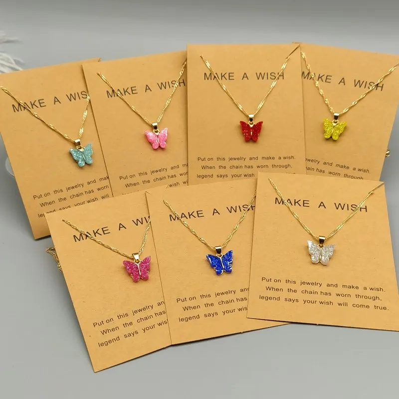 

Korean Fashion Butterfly Pendant Necklace New Colorful Acrylic Necklace for Women Simple Statement Golden Color Necklace Jewelry