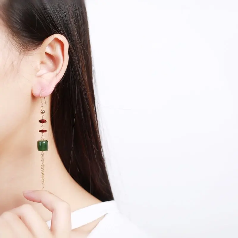

202011 Original design earrings natural Hetian jasper amber 14K gold 925 silver tourmaline 990 silver pendiente mujer boucle