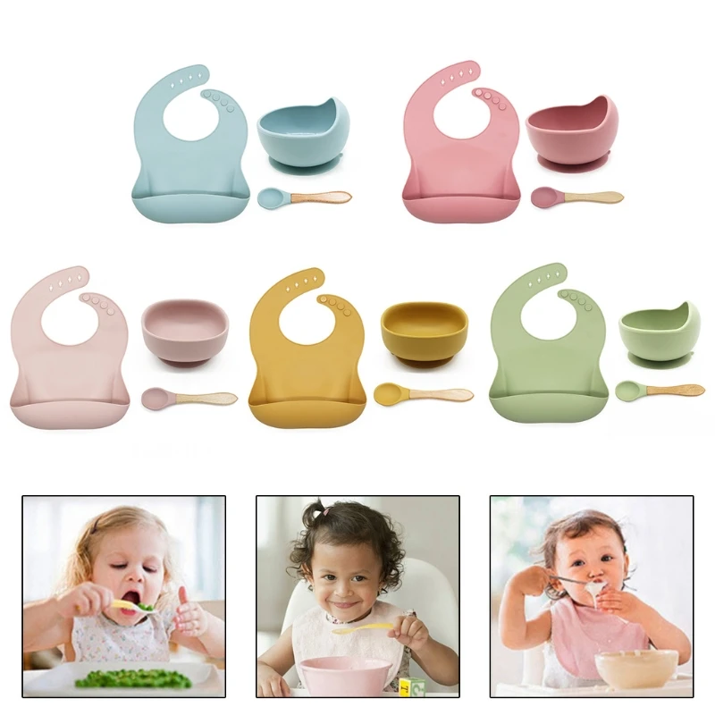 

3 Pcs Baby Bibs+Suction Dish Bowl Plate+Spoon Set Waterproof Food Grade Silicone Newborn Adjustable Drooling Burp Aprons