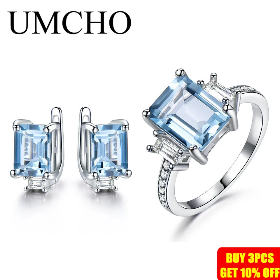 UMCHO 925 пробы Серебряные Ювелирные наборы для женщин драгоценный камень Небесно Голубой топаз кольцо Клипсы Серьги женские Свадебные обручальные ювелирные изделия