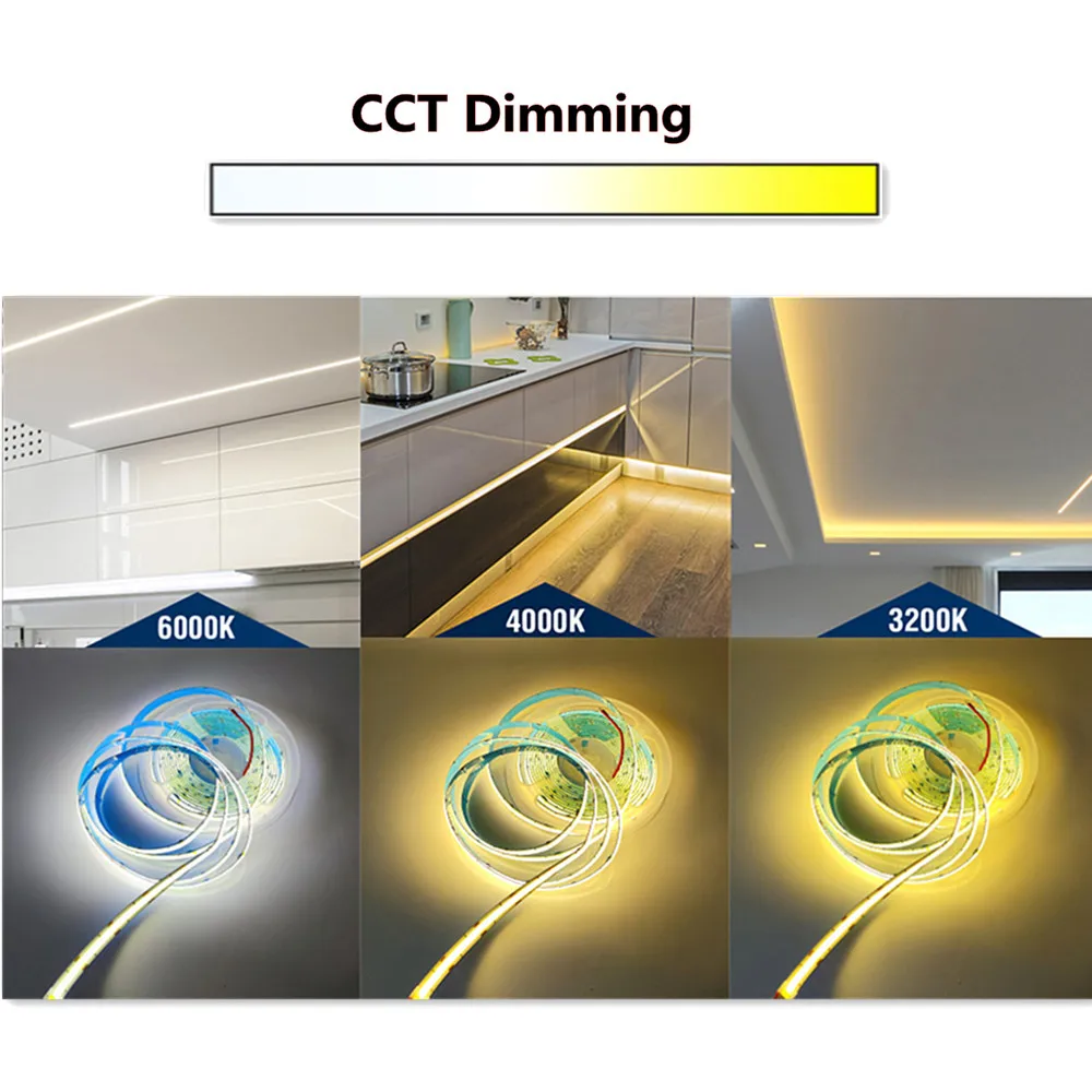 Фото Светодиодная лента DC12V CCT COB 3000K-6000K 576LEDs Гибкая лента высокой плотности FOB COB CCT COB 10 мм с белой линейной регулировкой яркости №3
