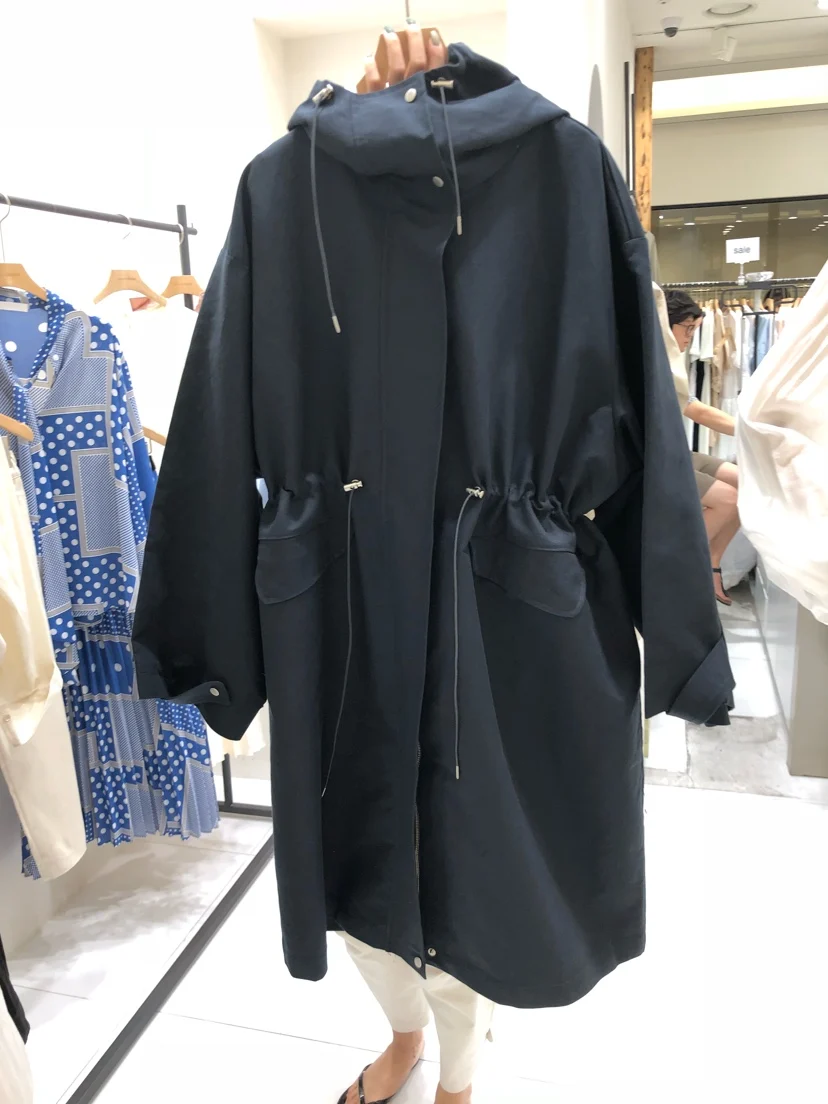 

Korea 2020 Autumn New Solid Drawstring Waist Hugging Slim Mid-Length Hooded Full Women Coats V419