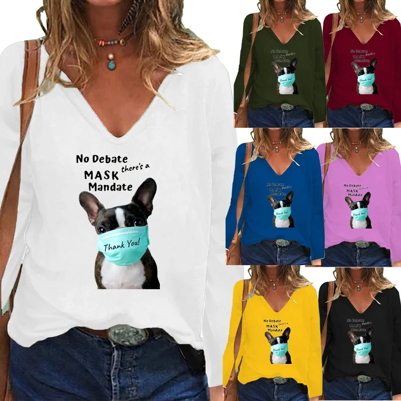 

Женская одежда, осенне-зимняя модная футболка с рисунком, Свободная Повседневная рубашка с длинным рукавом и V-образным вырезом, женские топ...