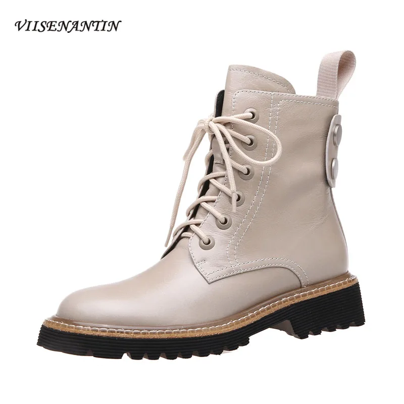 

Осенне-зимние новые кожаные ботинки на толстой подошве в британском стиле женские мотоциклетные ботильоны на платформе со шнуровкой и боко...