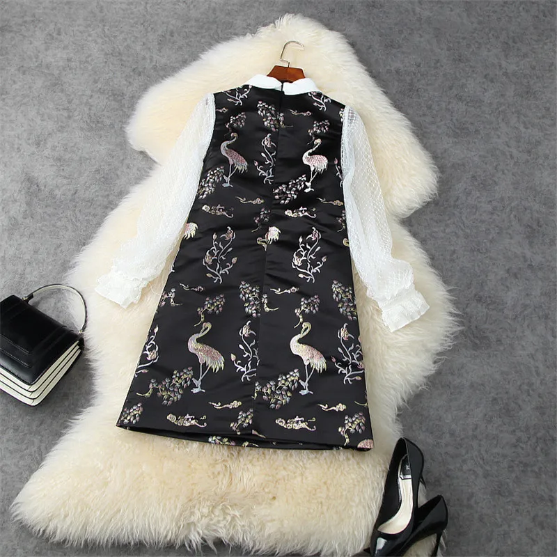 

2021 Spring Runway Fashion Lace Patchwork Birds Embroidery Dress Women Clothes Elegant Casual Vintage Festa Female Vestidos
