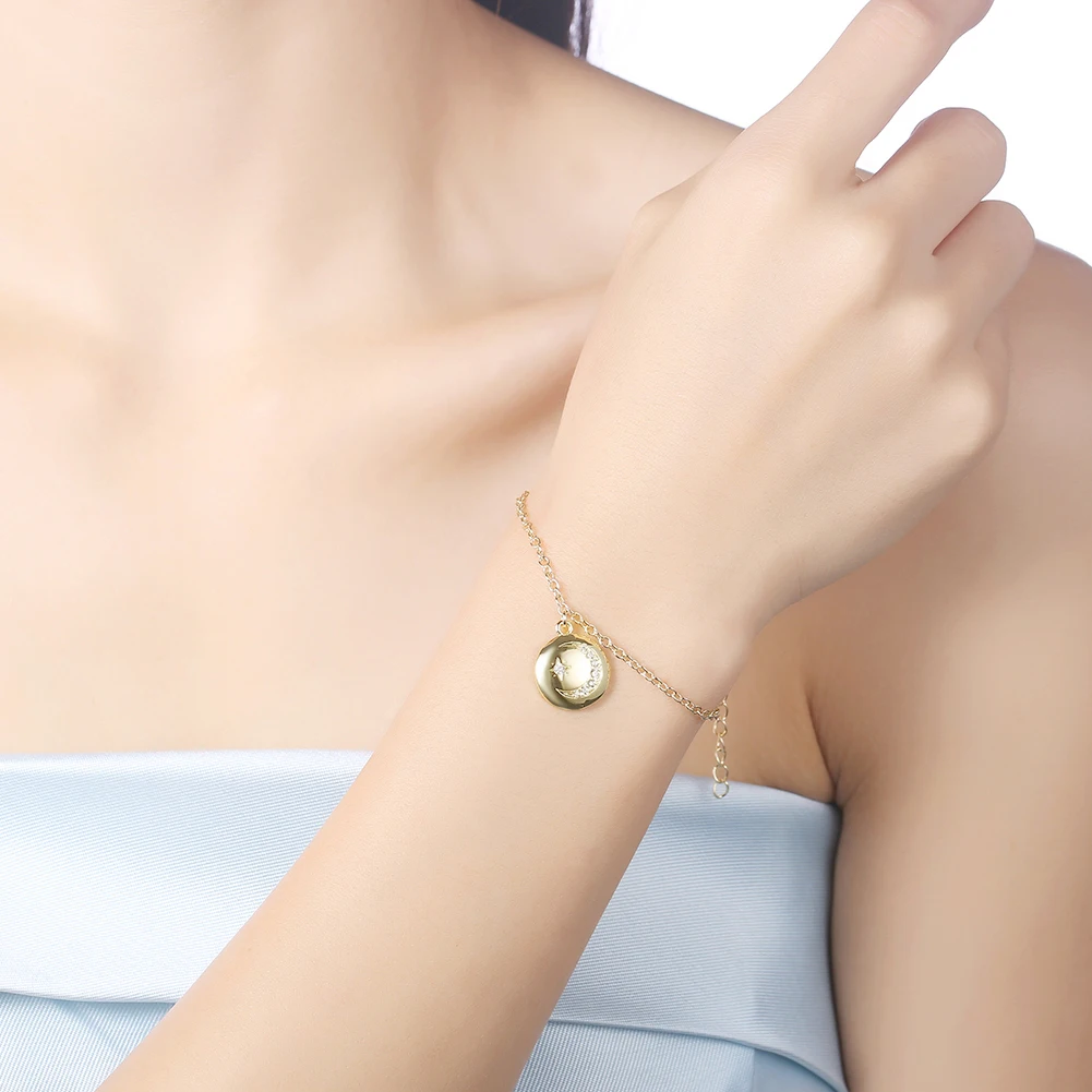 

LEKANI Gold Color Bracelet For Women Simple Trend Joker Style Round Chapter Star And Moon Chain&Link Chain Girl Chioce Jewelry