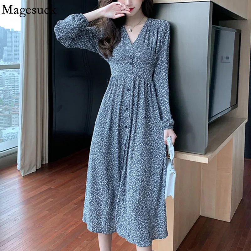 

New Elegant Long Sleeve Chiffon Floral Dress V-neck 2021 Autumn Vintage Long Dresses Women Women's Clothing Feminine Dress 13193