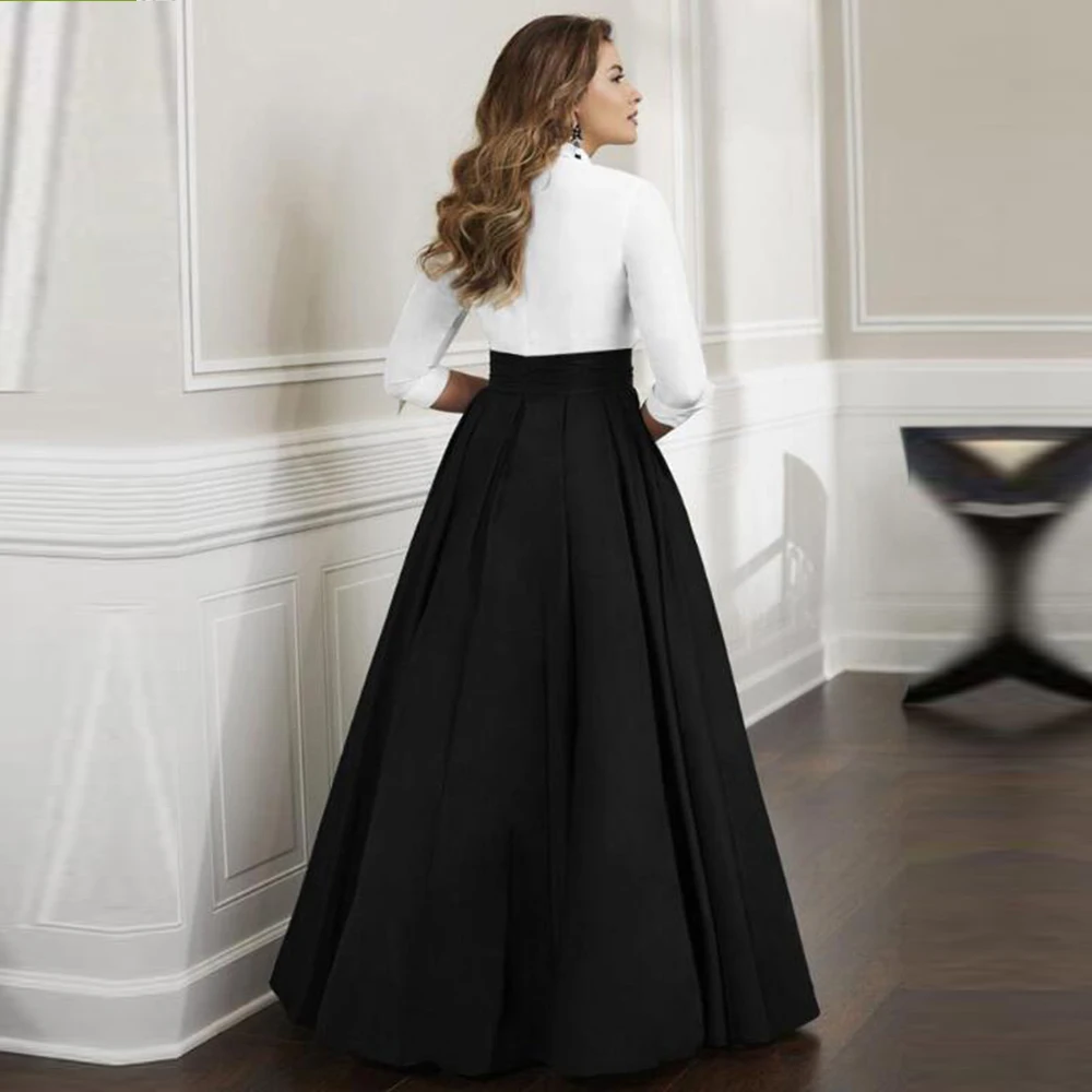 

Black White Mother Of The Bride Dresses A-line V-neck 3/4 Sleeves Satin Plus Size Long Groom Mother Dresses For Weddings