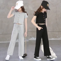 hot sale 2020 summer clothing set for big girls korean solid color skinny sets teenage short sleeve tops long pants sportwear