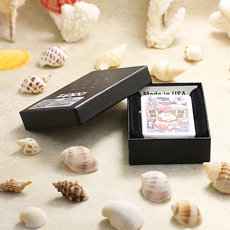 

Genuine Zippo oil lighter copper windproof White Fortune Cat cigarette Kerosene lighters Gift With anti-counterfeiting code