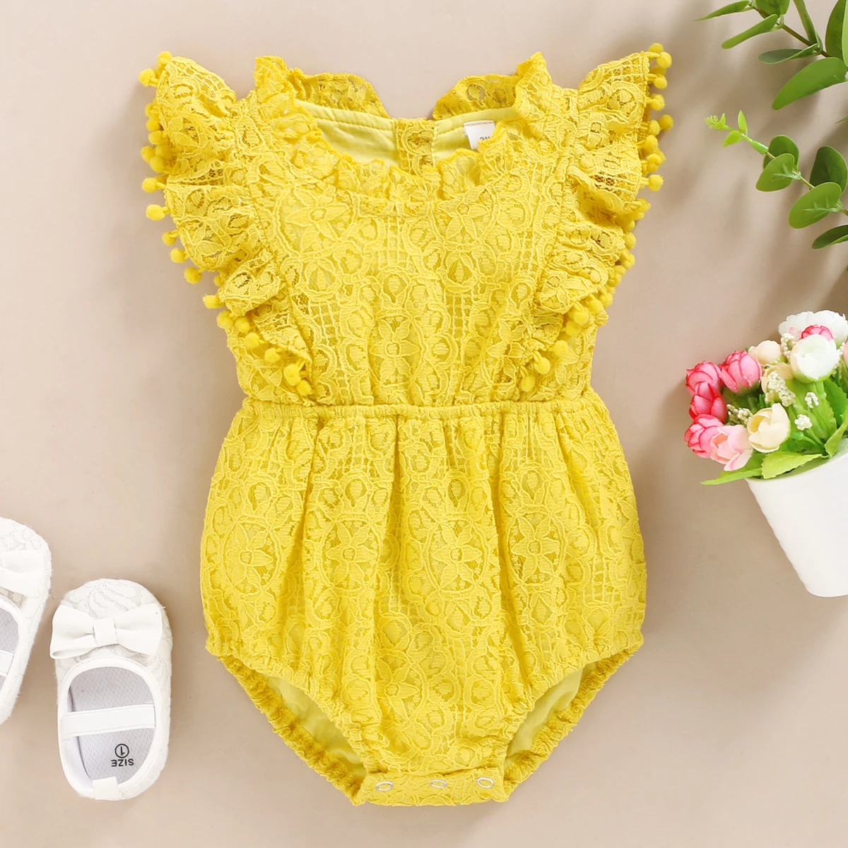 

Free Shipping Rompers For Baby Girls Solid Pink Ruffles Lace Sleeveless Romper Newborn Baby Girl Summer Outfits Clothing Set