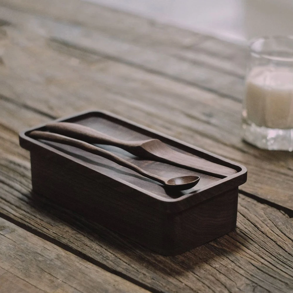 

Butter Dish Box Container Black Wooden Walnut Original Design Luxurious Vintage Butter Box with knife Spoon Set Butter Tool