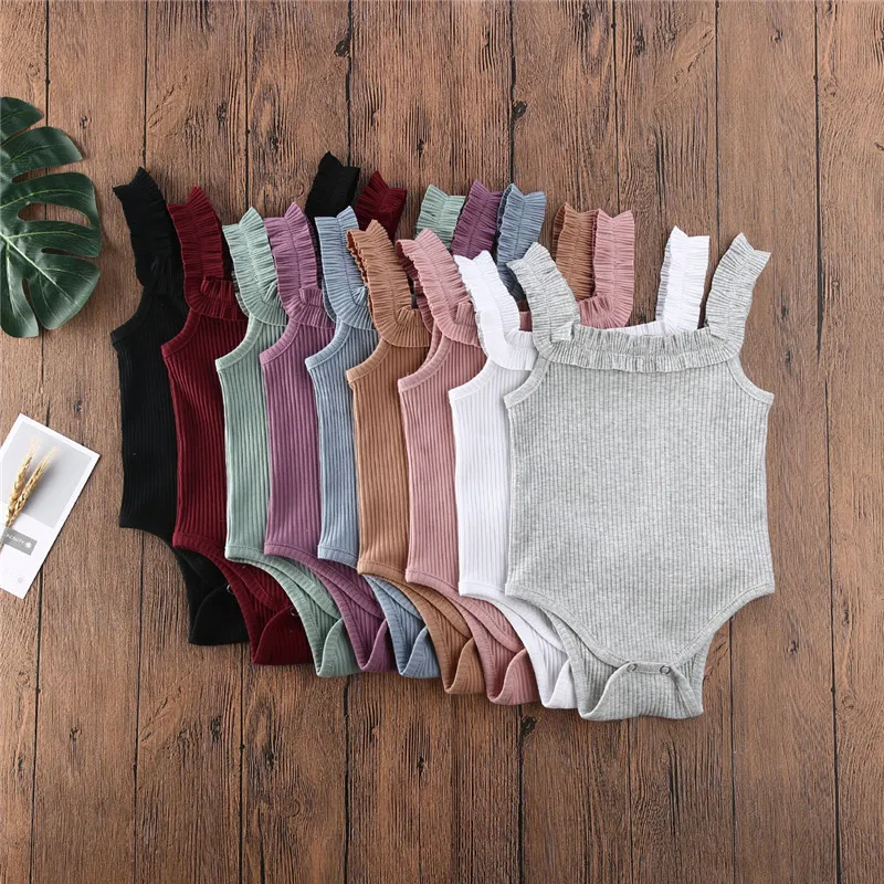 

2020 Brand New Baby Summer Clothing Newborn Baby Girl Sleeveless Cotton Bodysuit Ribbed Ruffled Jumpsuits Solid Playsuits 3-24M