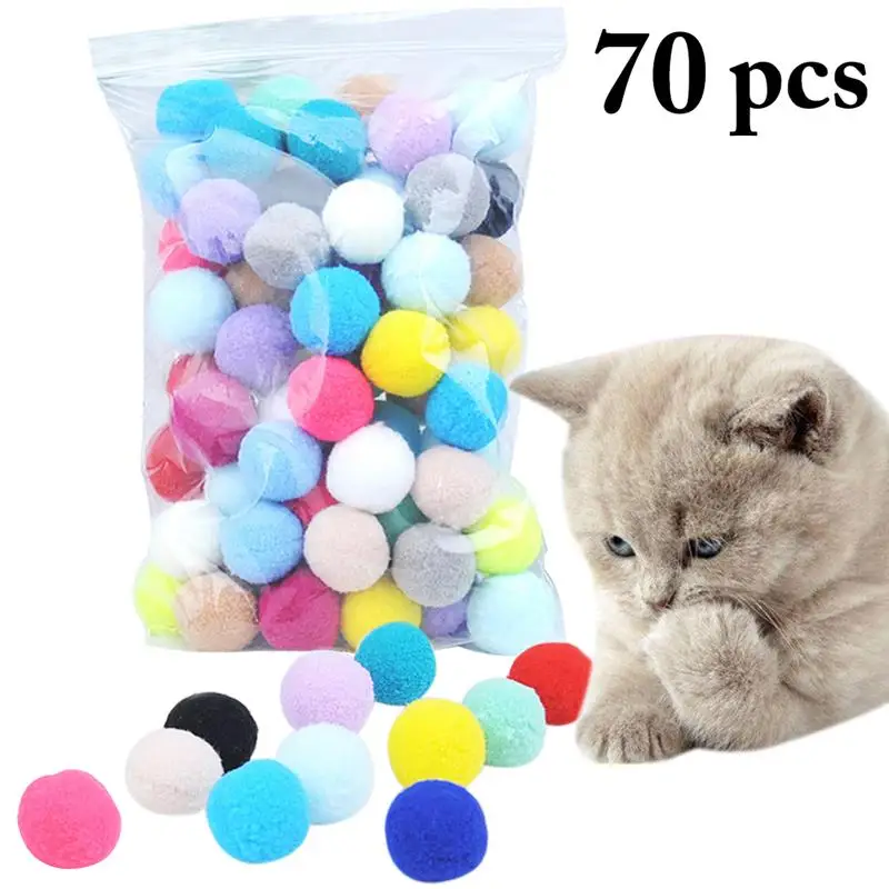 

70 Pcs/Set 0.98in Cat Toy Ball Creative Colorful Cat Pom Pom Interactive Kitten Chew Toys Funny Plush Small Ball For Cats Toys