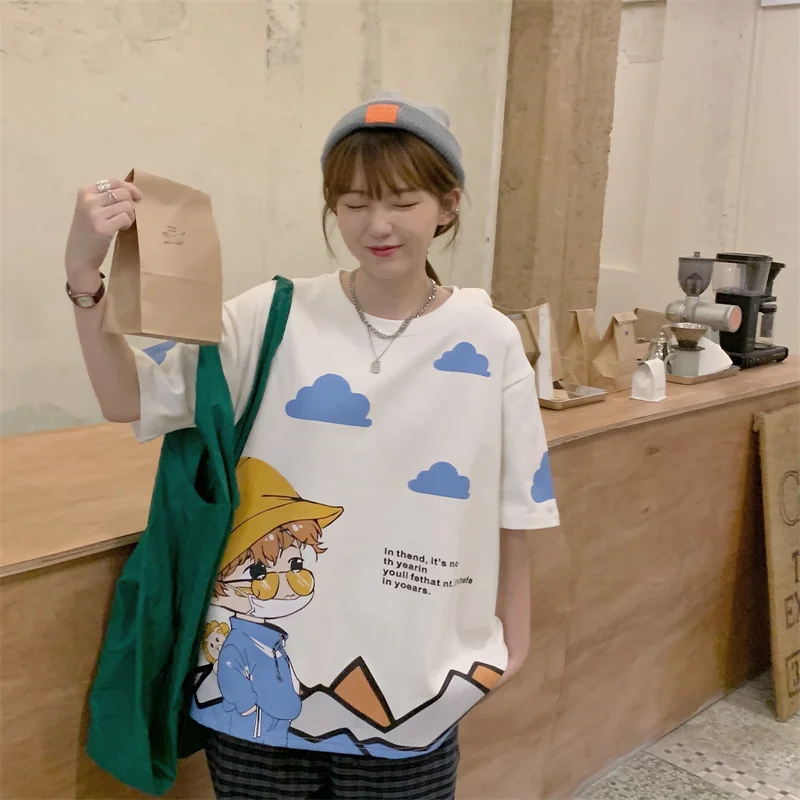 

Cotton Loose Plus Size Women T-shirt New Casual T Shirt Cartoon Character O-neck T-shirts Fashion Short Sleeve Top Summer 30052