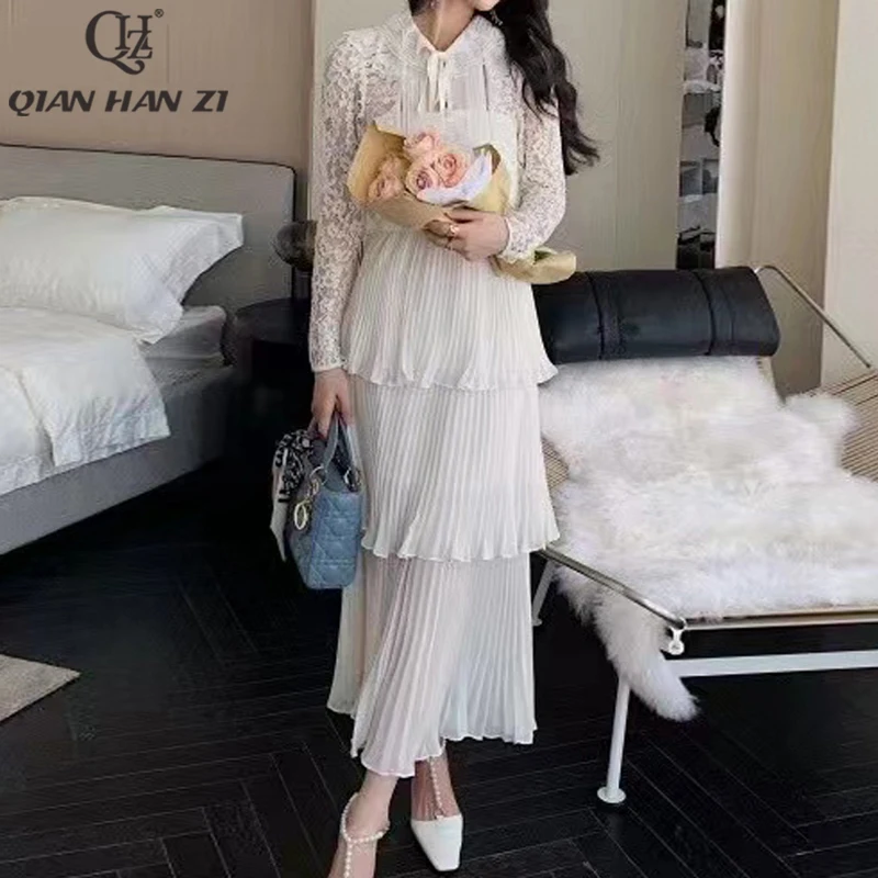 

Designer fashion long sleeve dress Elegant white sexy lace Splicing pleated slim Cascading Ruffle midi dress Women Spring Summer