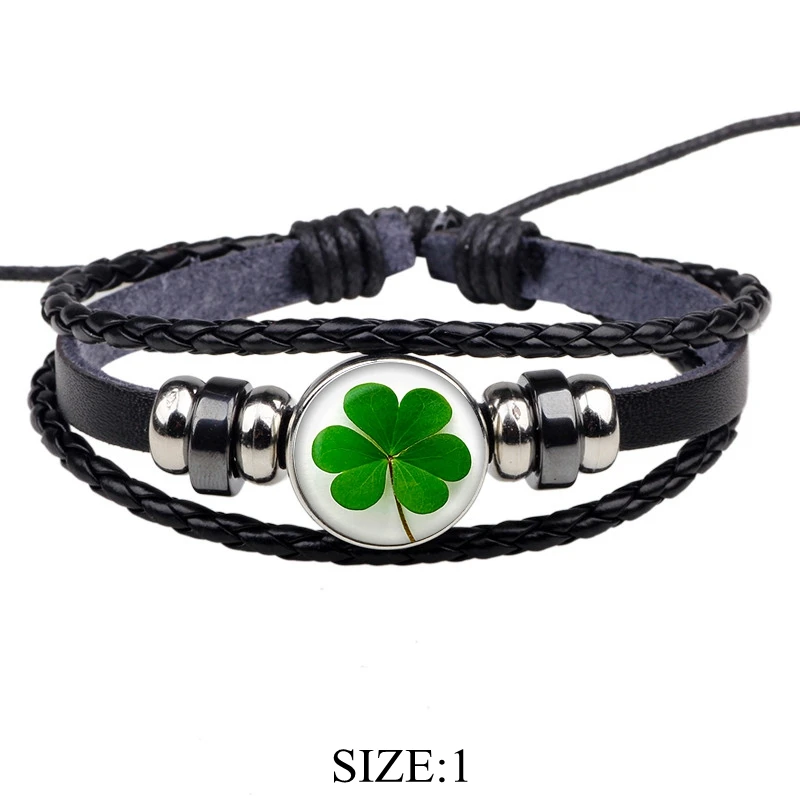 Браслет из черной кожи с изображением клевера на удачу|braided bracelet|leather braceletblack leather