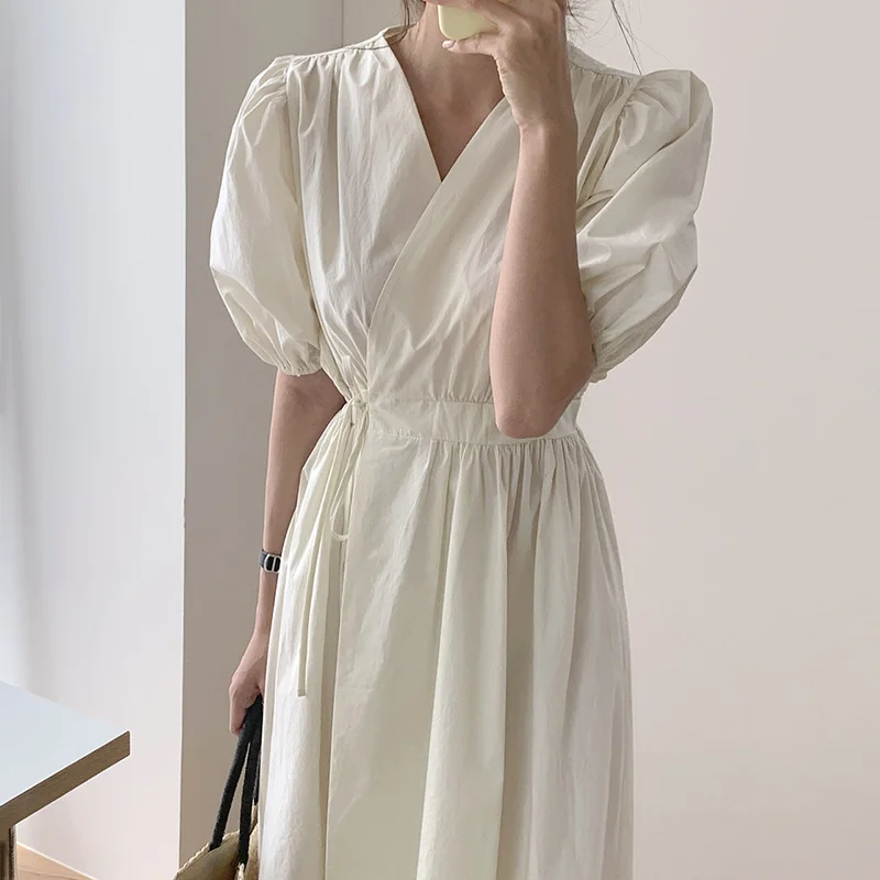 Sexy Korean Chic French V-neck Cross Tie Waist Slim One Piece Bubble Sleeve Dress Women | Женская одежда