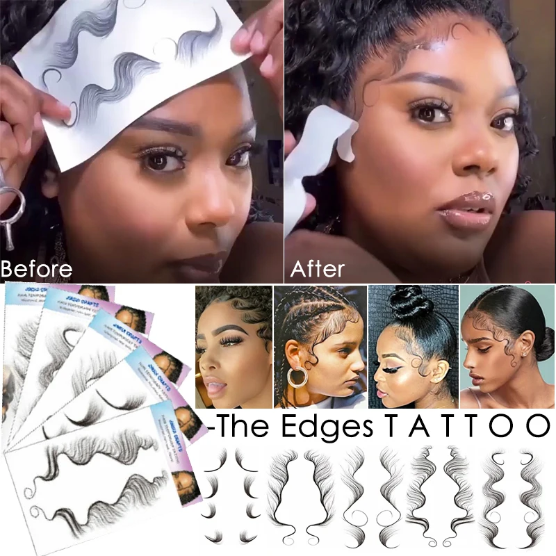 

7 Styles Hair Edges Tattoo Sticker Baby Hair Pony Tail Styles Temporary Tattoo Sticker Template Sleek Edges Bangs Tattoo Sticker