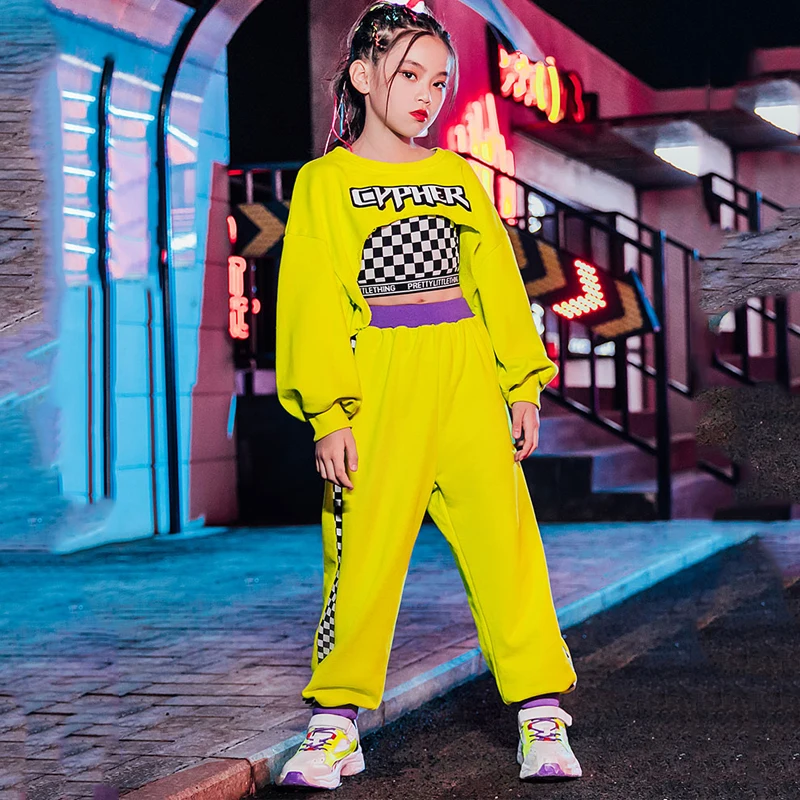 

2021 Fashion Girls Hip Hop Clothes Yellow Loose Top Hiphop Pants Suit Jazz Dance Costumes Practice Clothes Stage Rave Clothes
