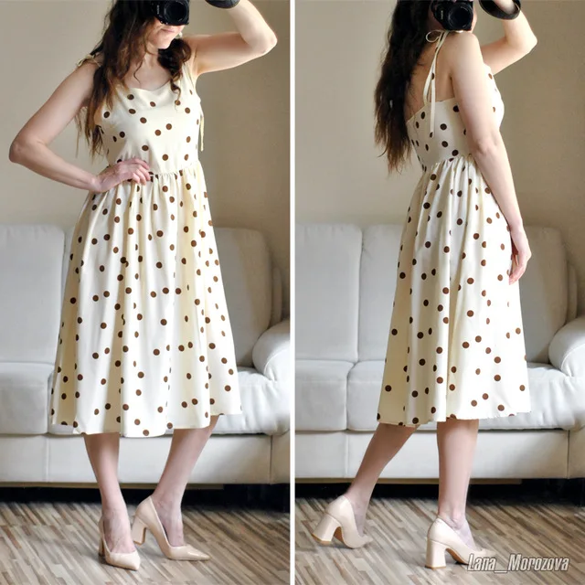 Женское платье на тонких бретелях пикантное летнее в горошек с открытой спиной