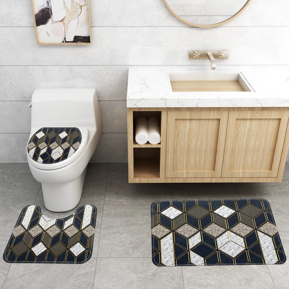 

Flannel Marbling Carpet Suit with Three-Pieces Geometric Picture Abosrption Non-Slip Comfortable Safe for Bathroom