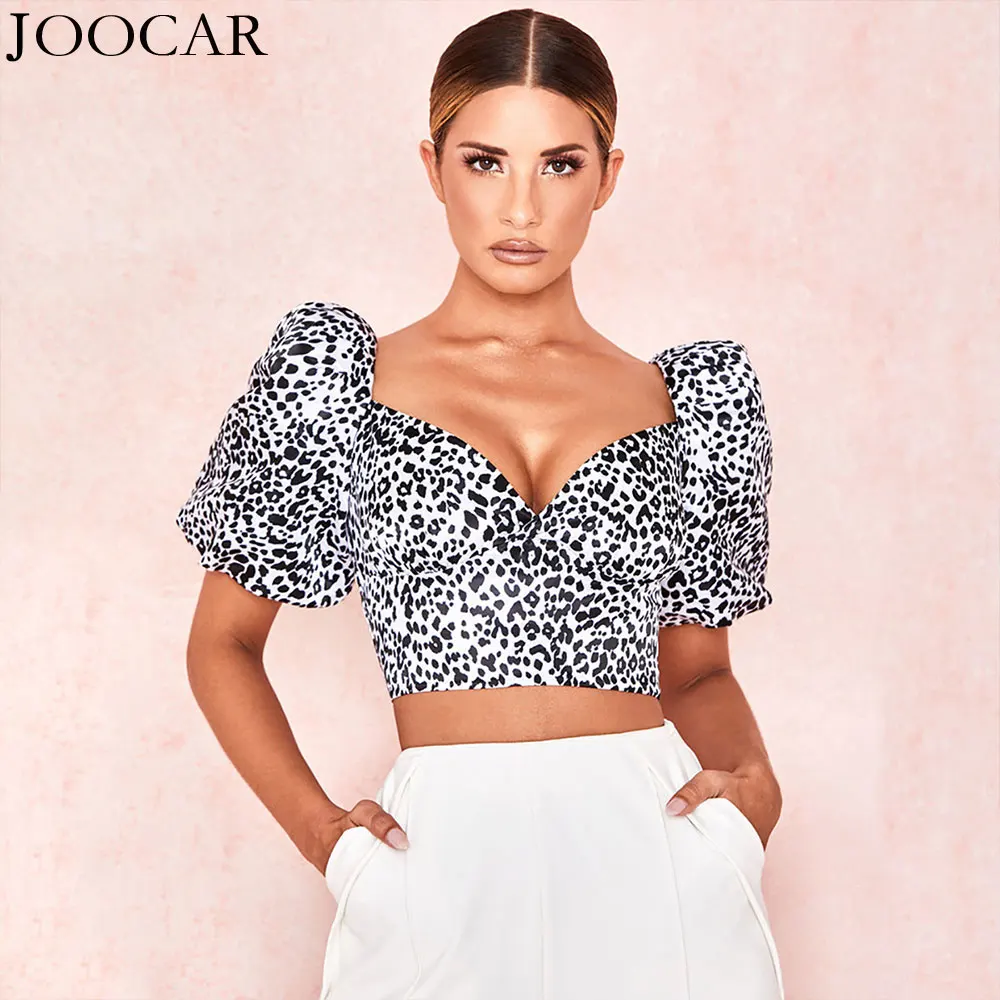 

free shipping 2020 joocar sexy v neck short sleeve backless Leopard print top JC1322