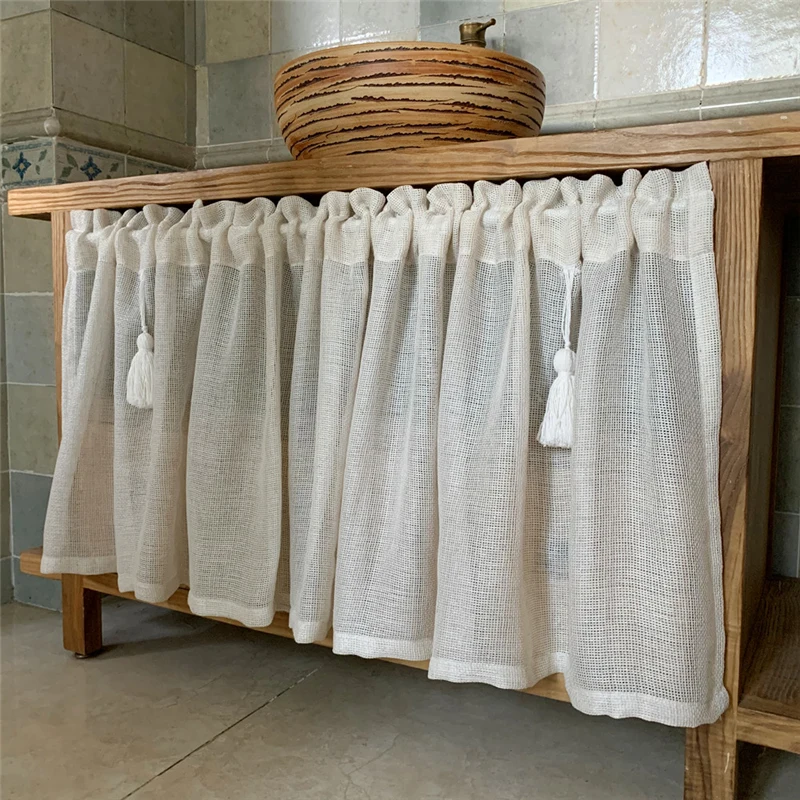 

Japanese Linen Short Curtains Tassels For Kitchen Retro Plaid Half Sheer Door Cabinet Valance Small Cafe Curtains Tulle Drapes