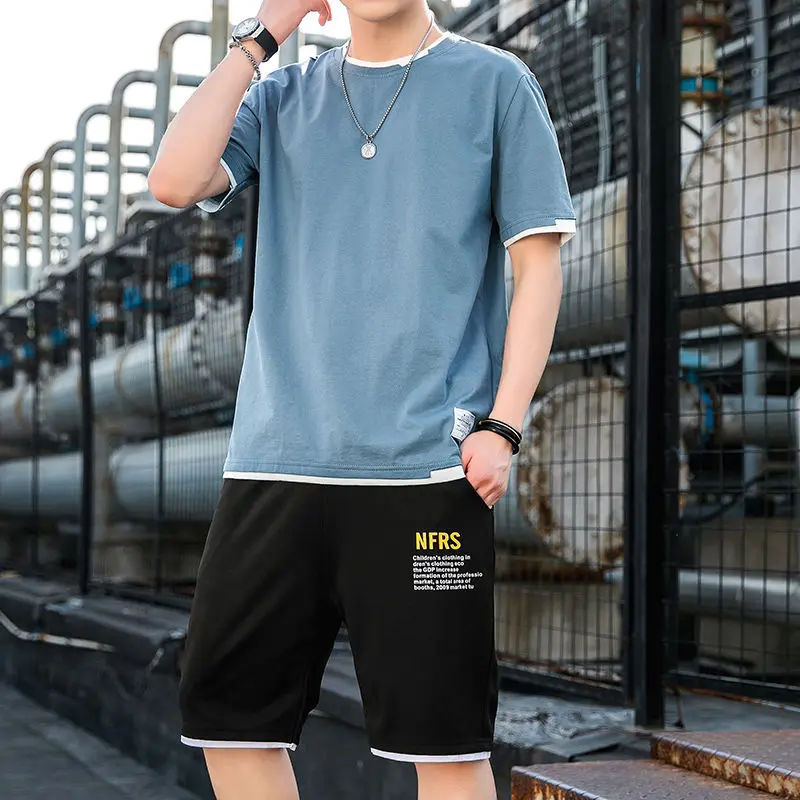 

100% Cotton T-shirt Suit Summer Men's Short Sleeve Suit Young Male Student Solid Color Trendy Loose Top Wear