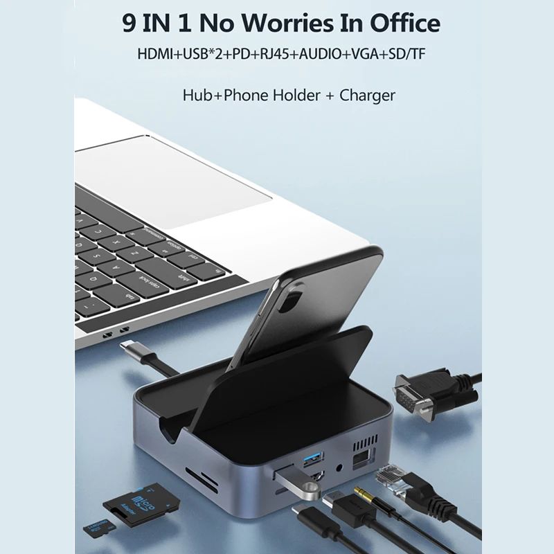 

Док-станция 9 в 1 с USB 1080 типа C на HDMI, совместимая со стандартом P, VGA, со стандартным адаптером, поддержка CD/TF карт