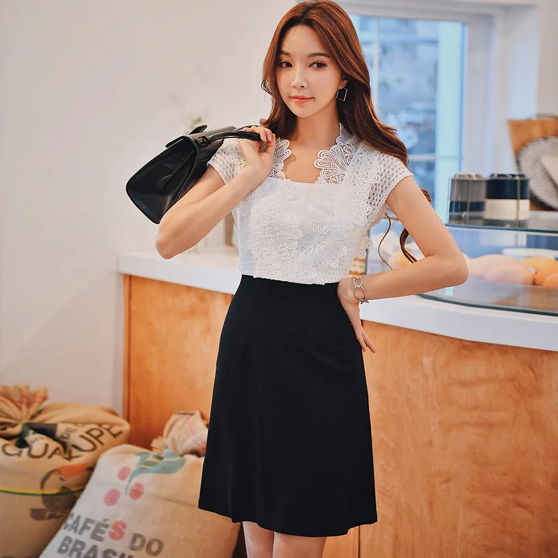 Dabuwawa женское элегантное черно-белое кружевное лоскутное платье Новое Элегантное