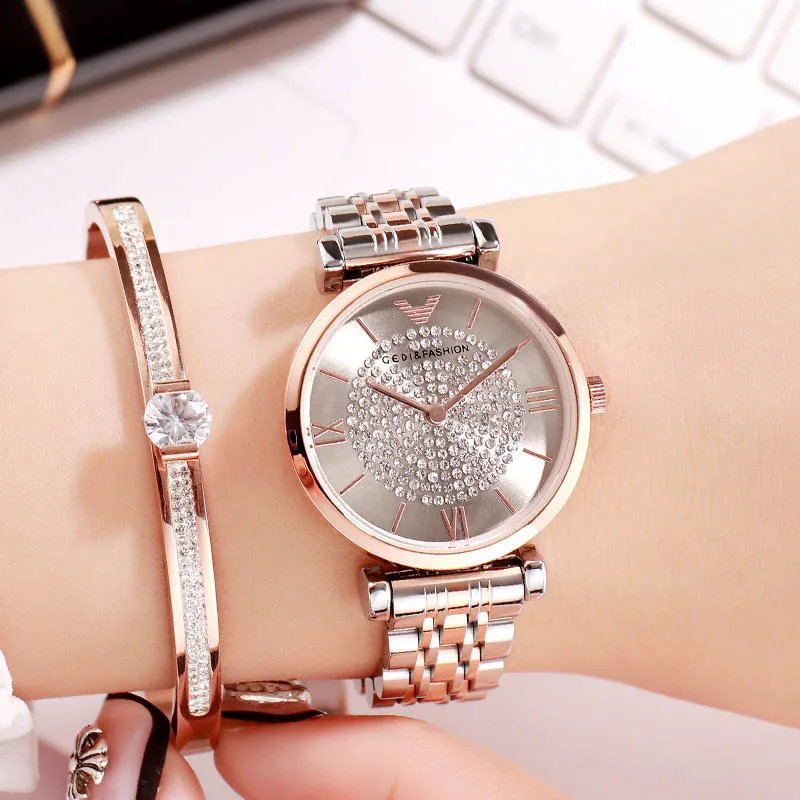 Rosegold gray ЖЕНСКИЕ НАРЯДНЫЕ часы GEDI, роскошные часы с кристаллами, кварцевые часы для девушек, роскошные женские наручные часы из нержавеющей стали, часы reloj mujer - Цвет: Rosegold gray
