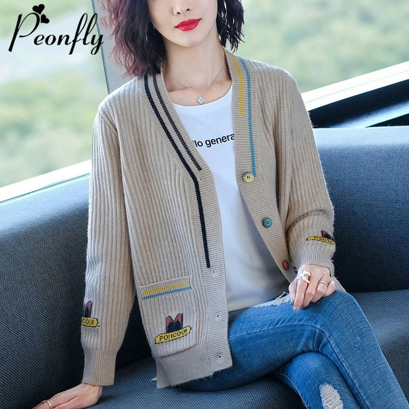 Женский вязаный свободный свитер PEONFLY синий кардиган с V-образным вырезом и