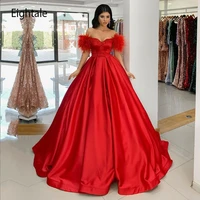 eightale ball gown evening dress satin sweetheart arabic feather prom dress red satin cap sleeves wedding party gown 2021