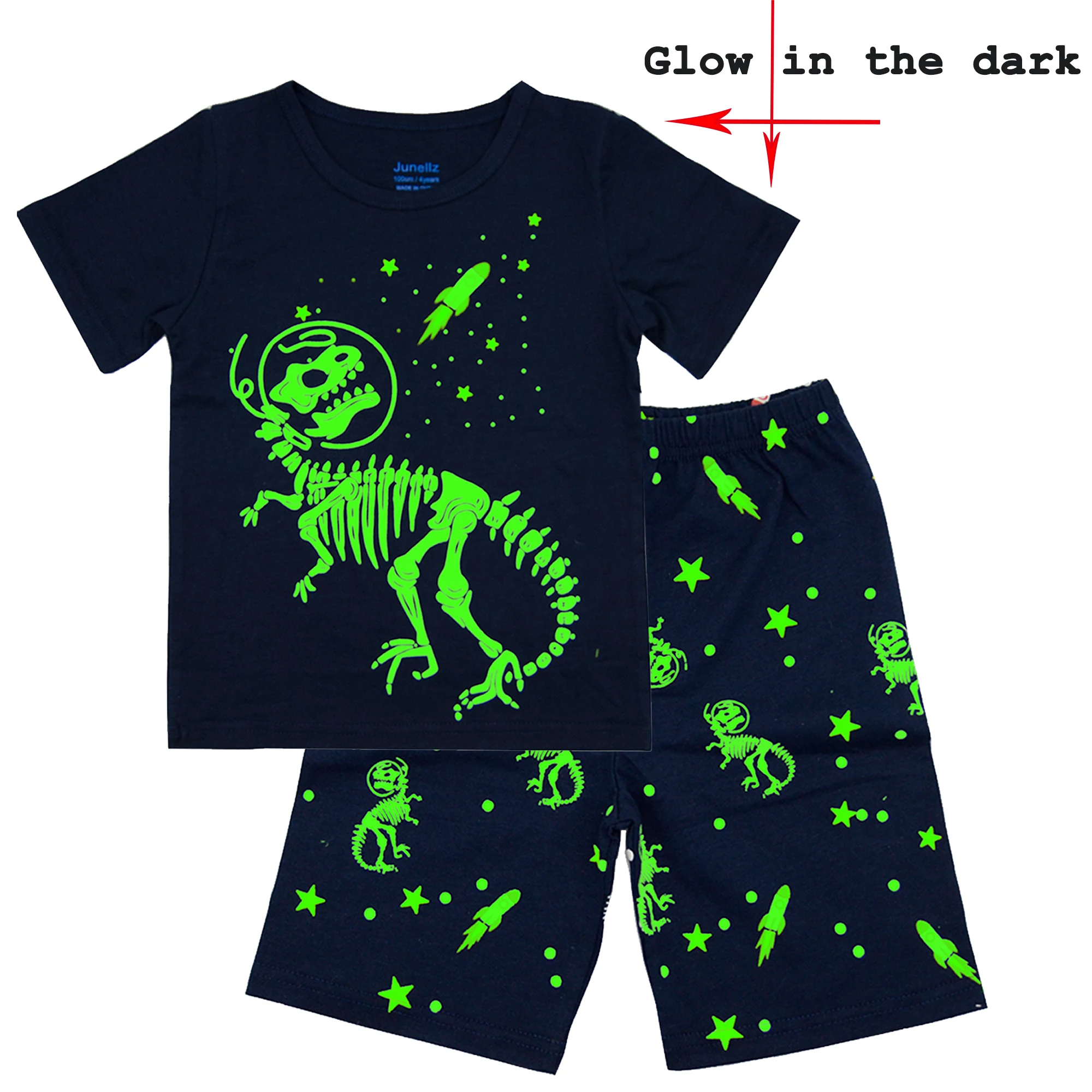 

Junellz Boys Summer Pajamas Sets Glow in The Dark Dinosaur Gifts 100% Cotton Dinosaur Costume Kids Outfit Clothes Toddler Pjs