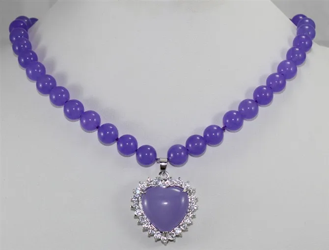 

elegant 8mm purple Jade and heart shape pendant necklace for valentine's day party and anniverary