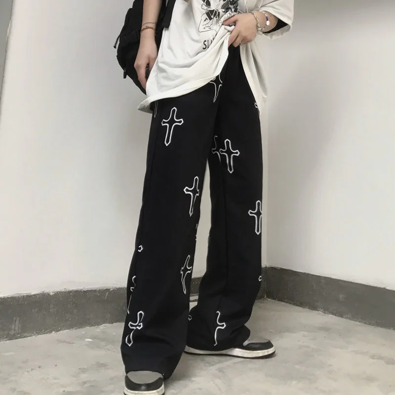 

2021 New Trendy Pants Women Ins Dark Print Straight Wide Leg Pants Loose High Waist Slimming All-match Casual Trousers Y2k