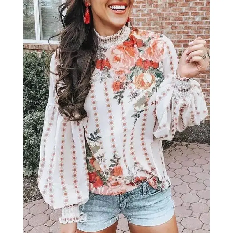 

Elegant Turtleneck Floral Print Women Bouse Tops Loose Lantern Sleeve Chiffon Shirt Female Casual Summer Blouses for Women
